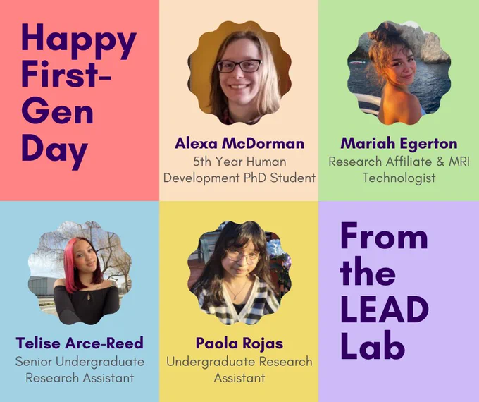 Rainbow collage-style image giving a shout-out to some of the first-gen members of the LEAD Lab team. Text in the top left corner (red) reads "happy first gen day." The top middle box features Alexa McDorman. The Top right box features Mariah Egerton. The Bottom left box features Telise Arce-Reed. The bottom middle box features Paola Rojas. The bottom right box (purple) has text that reads "from the LEAD Lab" 