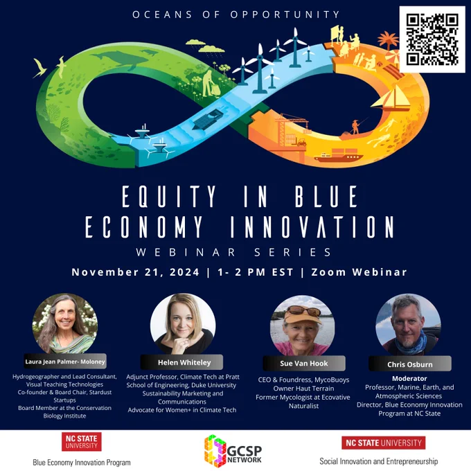 Oceans of Opportunity: Equity in blue economy innovation webinar series. November 21, 2024 | 1-2 PM EST | Zoom Webinar. Featuring panelists Sue Van Hook, Laura Jean Palmer- Moloney and Helen Whiteley, with Chris Osburn moderating. 