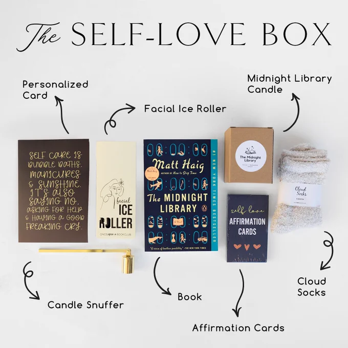 The Self-Love Box - personalized card, facial ice roller, midnight library candle, candle snuffer, book, affirmation cards, cloud socks