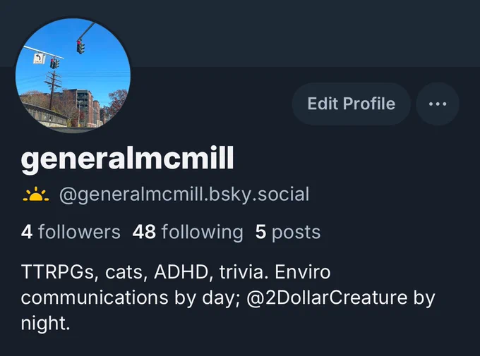 Screenshot of a profile on BlueSky with username @ generalmcmill