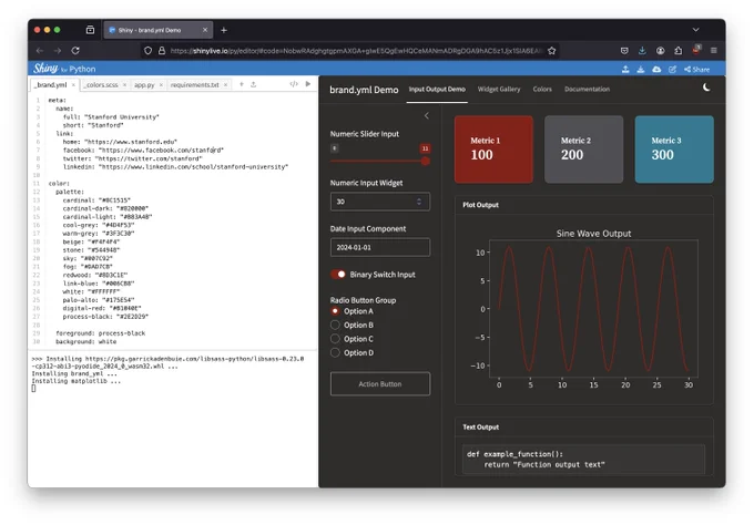 A screenshot showing the _brand.yml file setup and configured with an unofficial implementation of Stanford Identity Guidelines running in Shinylive playground. You can open the app, modify color values in `_brand.yml`, and see updates in the Shiny for Python app!