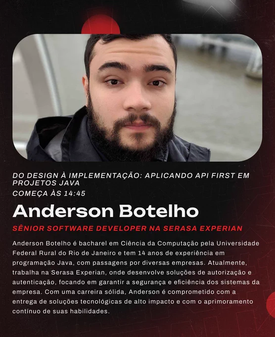 Anderson Botelho é bacharel em Ciência da Computação pela Universidade Federal Rural do Rio de Janeiro e tem 14 anos de experiência em programação Java, com passagens por diversas empresas. Atualmente, trabalha na Serasa Experian, onde desenvolve soluções de autorização e autenticação, focando em garantir a segurança e eficiência dos sistemas da empresa. Com uma carreira sólida, Anderson é comprometido com a entrega de soluções tecnológicas de alto impacto e com o aprimoramento contínuo de suas habilidades.