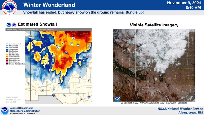 A graphic showing estimated snowfall over the past 3 days and a visible satellite imagery. 