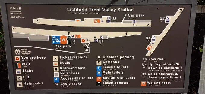 Tactile signage and Lichfield Trent Valley Station with details of the layout and location of key spots around the station 