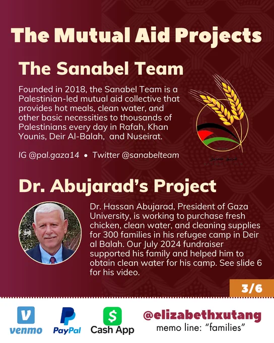 The Mutual Aid Projects
The Sanabel Team
Founded in 2018, the Sanabel Team is a Palestinian-led mutual aid collective that provides hot meals, clean water, and other basic necessities to thousands of Palestinians every day in Rafah, Khan Younis, Deir Al-Balah, and Nuseirat.
IG: @pal.gaza14
Twitter: @sanabelteam

Dr. Abujarad's Project
Dr. Hassan Abujarad, President of Gaza University, is working to purchase fresh chicken, clean water, and cleaning supplies for 300 families in his refugee camp in Deir al Balah. Our July 2024 fundraiser supported his family and helped him to obtain clean water for his camp. See slide 6 for his video.
3/6