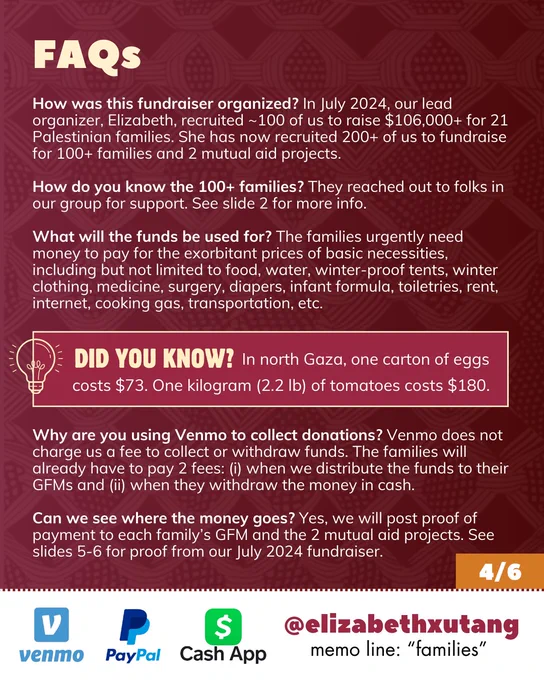 How was this fundraiser organized? In July 2024, our lead organizer recruited ~100 of us to raise $106,000  for 21 Palestinian families. She has now recruited 200  of us to fundraise for 100  families and 2 mutual aid projects.
How do you know the 100  families? They reached out to folks in our group for support.
What will the funds be used for? The families urgently need money to pay for the exorbitant prices of basic necessities, including but not limited to food, water, winter-proof tents, winter clothing, medicine, surgery, diapers, infant formula, toiletries, rent, internet, cooking gas, transportation, etc.
Why are you using Venmo to collect donations? Venmo does not charge us a fee to collect or withdraw funds. The families will already have to pay 2 fees: (i) when we distribute the funds to their GFMs and ii) when they withdraw the money in cash.
Can we see where the money goes? Yes, we will post proof of payment to each family's GFM and the 2 mutual aid projects. 4/6