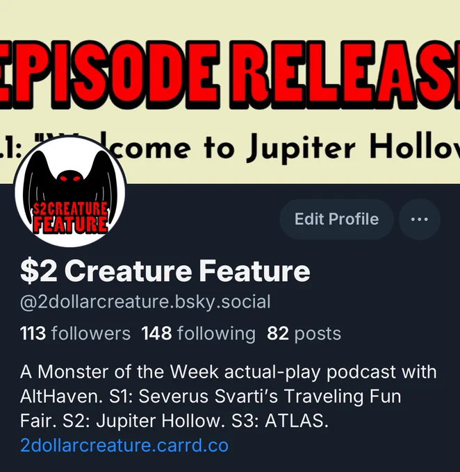 Screenshot of a profile on blue sky, with the username @ 2dollarcreature