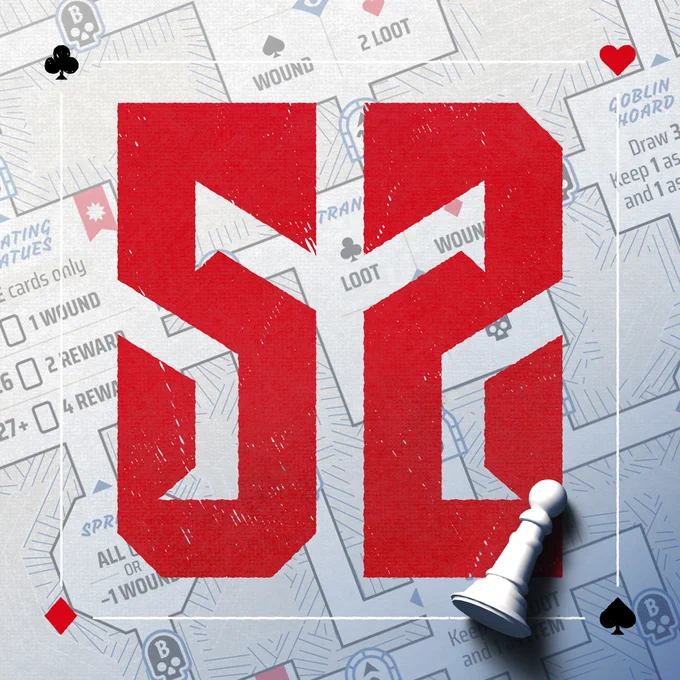 The number 52 in red surrounded by the four playing card suit symbols, and a fallen pawn.