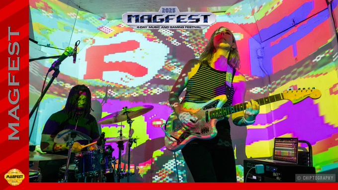 A photo of nmlstyl is displayed. To the right, guitarist Joey plays a riff while drummer Yusef has a stern, focused look of approval. Psychedelic visual elements light across the stage and cover them.