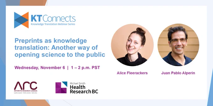 Promotional image for the KT Connects Knowledge Translation Webinar Series. The title reads, 'Preprints as knowledge translation: Another way of opening science to the public.' The event is scheduled for Wednesday, November 6, from 1 – 2 p.m. PST. Featured speakers are Alice Fleerackers and Juan Pablo Alperin, shown in circular photos on the right side of the image. The Arthritis Research Canada and Michael Smith Health Research BC logos are at the bottom.