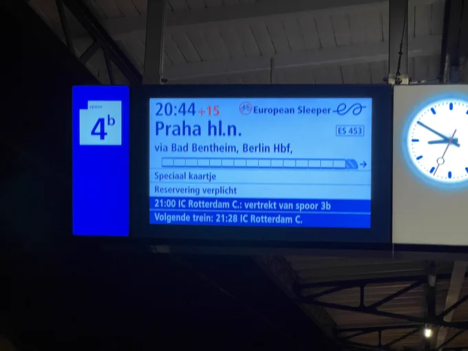 Dutch train information board showing a train with destination Praha hl.n. and train company European Sleeper