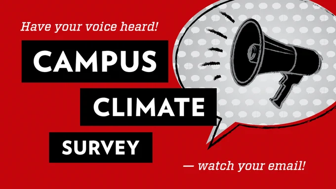 Graphic featuring a megaphone inside of a speech bubble and text saying “Have your voice heard! CAMPUS CLIMATE SURVEY – watch your email!”