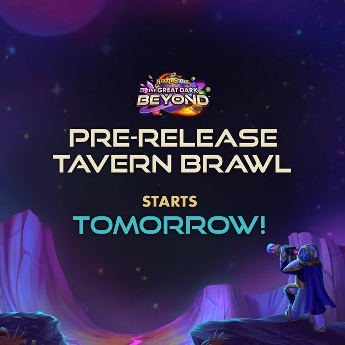 Image shows text on a purple, starry background behind an alien landscape, featuring a spacesuit-wearing Draenei exploring the planet with a telescope. 

The text reads: "The Great Dark Beyond Pre-Release Tavern Brawl Starts Tomorrow!"