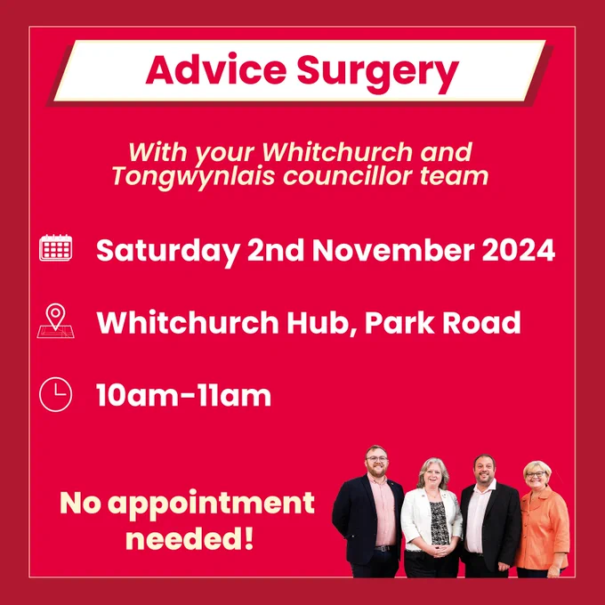 Advice surgery

With your Whitchurch and Tongwynlais Councillor team

Saturday 2nd November 2024
WhitchurchHub, Park Road
10am-11am

No appointment needed