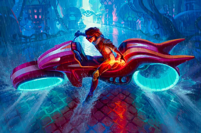 A digitally painted magic the gathering card of Chandra doing the Akira bike-slide. Chandra wears her red and white aetherdrift racing armor. She has on motorcycle goggles. The streets are reflective and filled with water. Her red, yellow, and silver motorcycle is sending water cascading in every direction. 