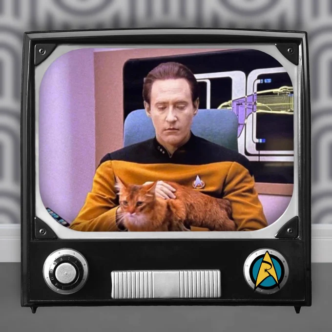 A black and white tv image sitting in a living room with a picture of Data from Star Trek The Next Generation holding an orange tabby cat.