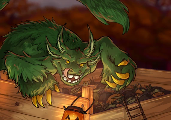 A very large green furry beast with a hungry expression is leaning over a huge wooden crate filled with decomposing pumpkins.  He is beckoning people forward with oversized paws, licking his chops and crooking huge yellow claws in anticipation of more donated squash and gourds.