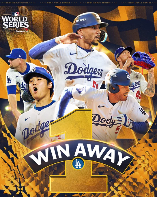 One Win Away
Cutouts of Mookie Betts, Shohei Ohtani, Freddie Freeman, Blake Treinen and Michael Kopech all wearing home white Dodgers uniforms with blue lettering. The background is waving gold flags.
2024 World Series presented by Capital One