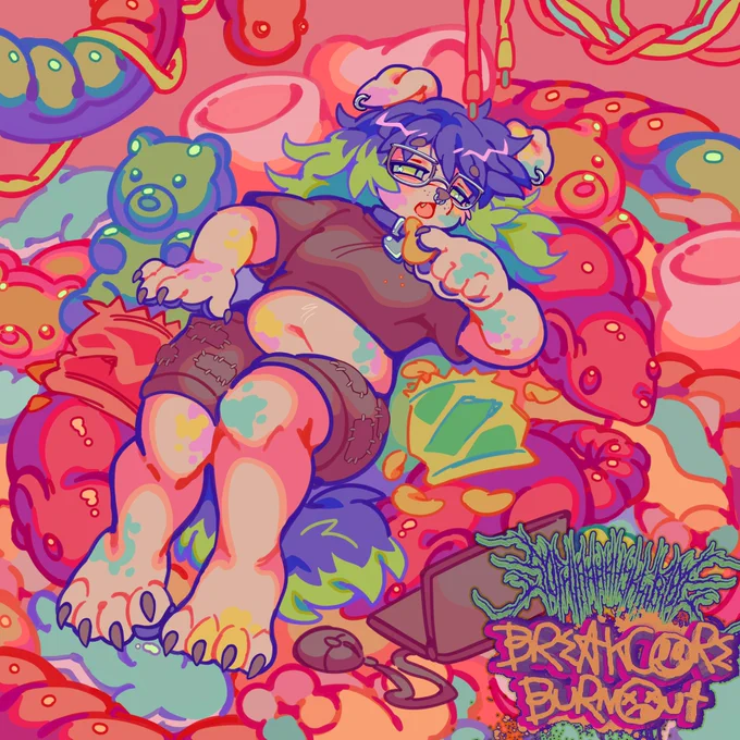 sophia dog lays in a pile of plushies while lazily eating snacks. hand lettering and logo in the bottom right corner