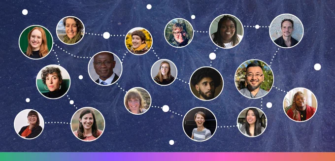 A graphic visual showing a cosmic blue background dotted with the circular headshots of the series contributors, hosts and producers, all connected by dotted white lines. Participants are represented by little white circles, punctuating the space.
