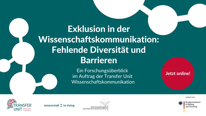 Exklusion in der Wissenschaftskommunikation:
Fehlende Diversität und Barrieren. Ein Forschungsüberblick im Auftrag der Transfer Unit Wissenschaftskommunikation. Jetzt online! Logos der Transfer Unit, Wissenschaft im Dialog, Berlin-Brandenburgische Akademie der Wissenschaften und Bundesministerium für Bildung und Forschung
