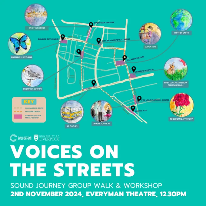 Map of Liverpool highlighting locations for the Voices on the Ground Sound Journey Group Walk & Workshop on 2nd November 2024.