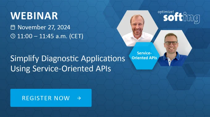 Join the Webinar ▶️ "Simplify Diagnostic Applications Using Service-Oriented APIs"
You will gain insights into current standardized diagnostic APIs and their approaches and the differences to service-oriented concepts. Learn how user-friendly, service-oriented software APIs simplify the complexity of current and future diagnostic standards, how they are used in practice and the advantages of function-oriented interfaces.