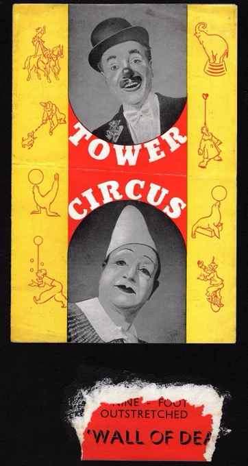 Colour advert showing 2 clowns for Tower Circus