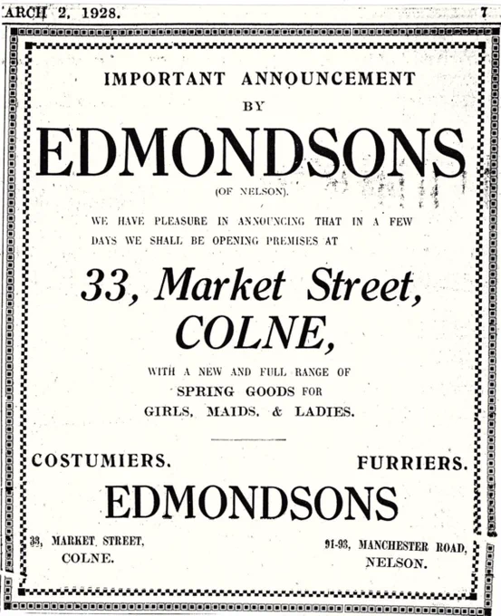 Black and white advert for Edmondsons, Colne