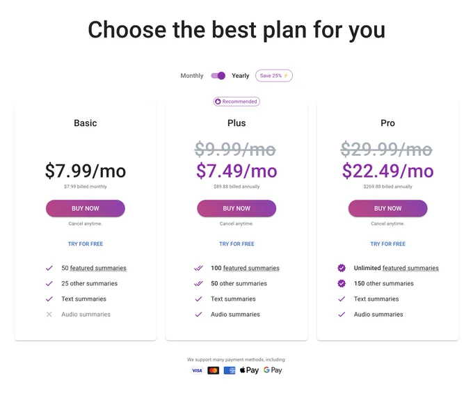 A pricing page showing 3 different subscription plans.