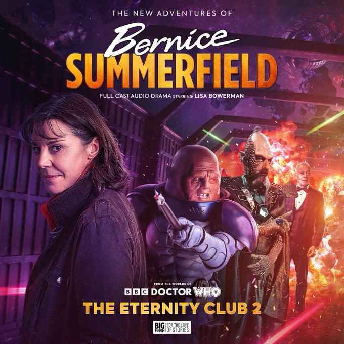 The cover of The New Adventures of Bernice Summerfield: The Eternity Club 2, with art by Sean Longmore. L-R: Bernice, a Sontaran, a Draconian and Secretary Pym stand in a metallic corridor. There's an explosion billowing down the corridor and multicoloured laser beams pour out. Up through the clear ceiling, a purple night sky is littered with spaceships and asteroids.