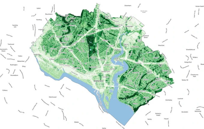 Map of Southampton’s Tranquil City Index, colour-coded from light to dark green to indicate tranquillity levels. Darker green areas score the highest. Major roads, natural features, and the city boundary are outlined.