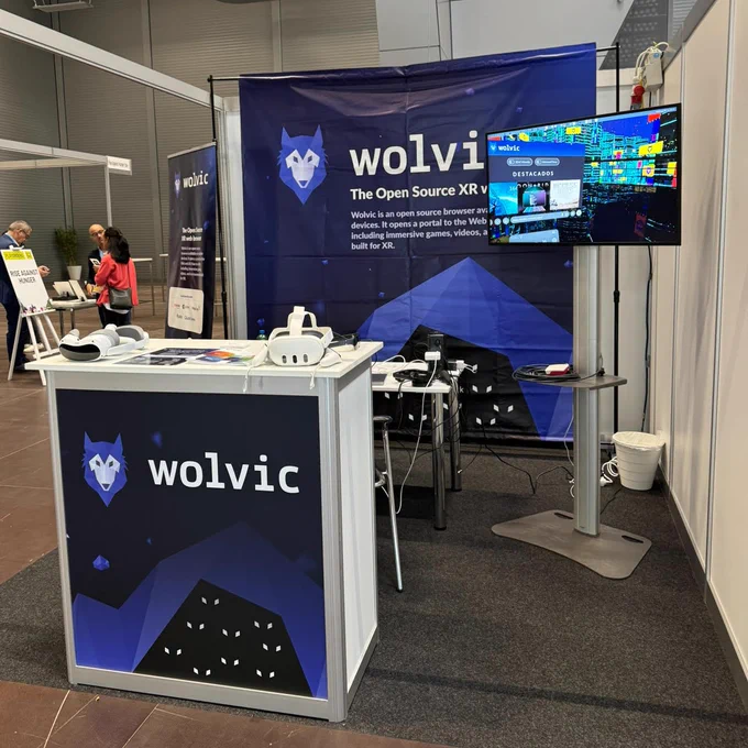 An exhibition booth at AWE EU for the Wolvic XR Browser by Igalia.
