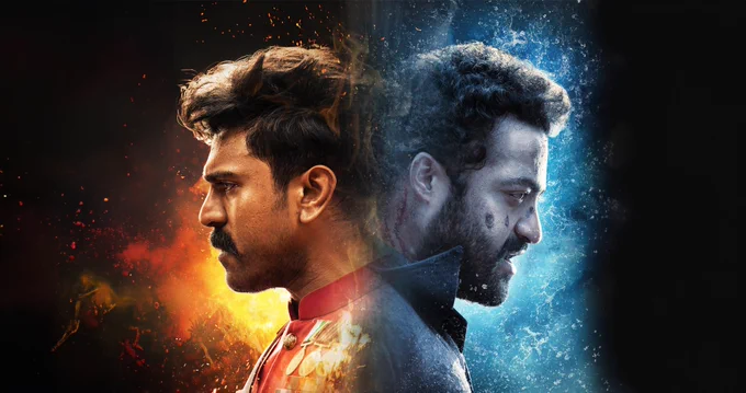 Promotional image for the movie "RRR" featuring two characters facing opposite directions with a dynamic, colourful burst effect.
