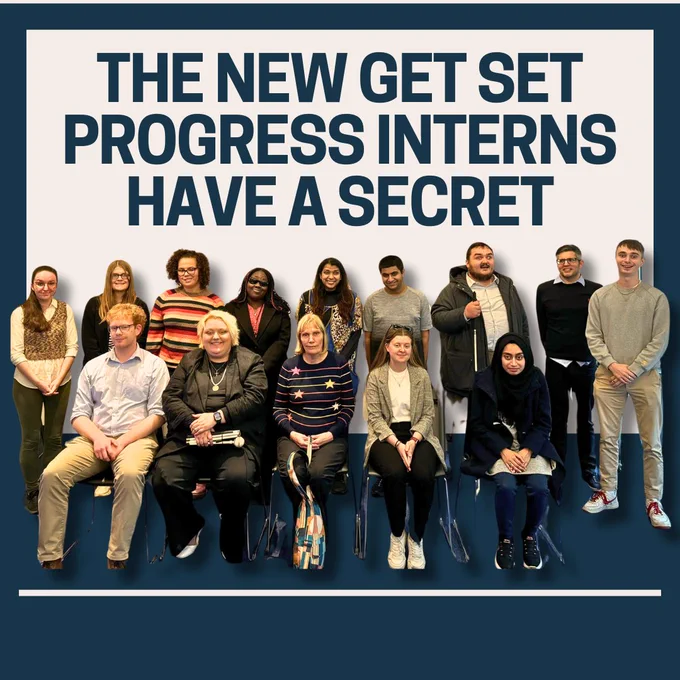 A group of photo of 14 blind and partially sighted people. The text above them reads 'The new Get Set Progress Interns have a secret'
