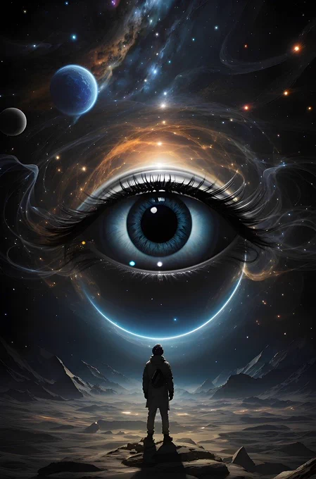 picture of large eye in space with man looking at it
