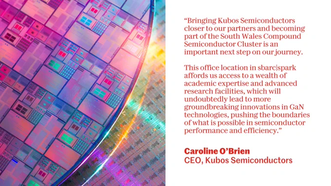 Image shows a silicon wafer used in making compound semiconductors. The quote alongside it is from Caroline O'Brien, CEO of Kubos Semiconductors, and reads: “Bringing Kubos Semiconductors closer to our partners and becoming part of the South Wales Compound Semiconductor Cluster is an
important next step on our journey. This office location in sbarc|spark affords us access to a wealth of academic expertise and advanced research facilities, which will undoubtedly lead to more groundbreaking innovations in GaN technologies, pushing the boundaries of what is possible in semiconductor performance and efficiency.”