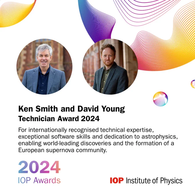 Image of Ken Smith and David Young, joint-recipients of the Technician Award as part of the IOP Awards 2024, for internationally recognised technical expertise, exceptional software skills and dedication to astrophysics.