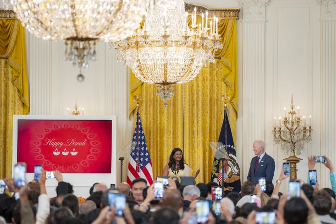 President Biden hosts a Diwali celebration in the East Room of the White House.