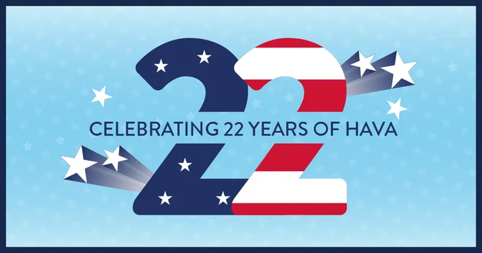 A light blue gradient fills the frame with subtle white stars in the background. Centered is a large "22" in patriotic red and blue colors. Inlayed in blue font surrounded by white stars reads "CELEBRATING 22 YEARS OF HAVA". 