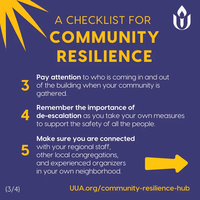On a dark blue background, written in large yellow letters at the top is: "A CHECKLIST FOR COMMUNITY RESILIENCE"

Underneath, white text reads

3.  Pay attention to who is coming in and out of the building when your community is gathered.

4.  Remember the importance of de-escalation as you take your own measures to support the safety of all the people.

5.  Make sure you are connected with your regional staff, other local congregations, and experienced organizers in your own neighborhood.

The numbers 3, 4, and 5 are in large yellow font next to each respective point.

A white Unitarian Universalist Association flame logo is in the top right corner.

A large yellow sunburst graphic decorates the top left corner.

In the bottom-right corner, a yellow arrow points to the right. In the bottom-left corner, the number (3/4) indicates this is the 3rd slide in a series.

At the bottom of the graphic, the website link is written in yellow: "UUA.org/community-resilience-hub"