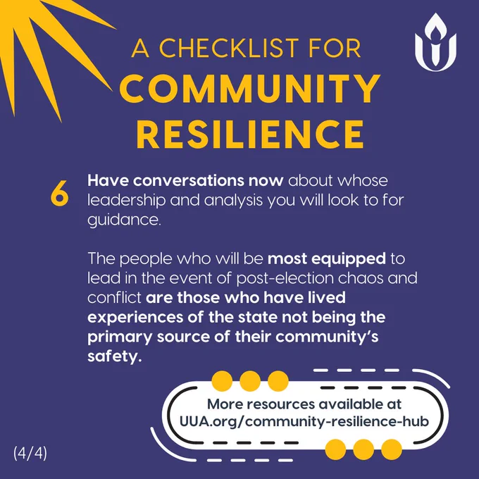 On a dark blue background, the following text is written in large yellow letters at the top:

"A CHECKLIST FOR COMMUNITY RESILIENCE"

Below this header, point 6 is presented:

6.  Have conversations now about whose leadership and analysis you will look to for guidance. The people who will be most equipped to lead in the event of post-election chaos and conflict are those who have lived experiences of the state not being the primary source of their community's safety.

The number 6 is in large yellow font next to the point.

In the top right corner, the Unitarian Universalist Association's flame logo is displayed in white.

A large yellow sunburst graphic element decorates the top left corner of the image.

At the bottom of the graphic, a white and dotted graphic element with yellow circles surrounds the text:

"More resources available at UUA.org/community-resilience-hub"

In the bottom-left corner, the number (4/4) indicates this is the final slide in the series.