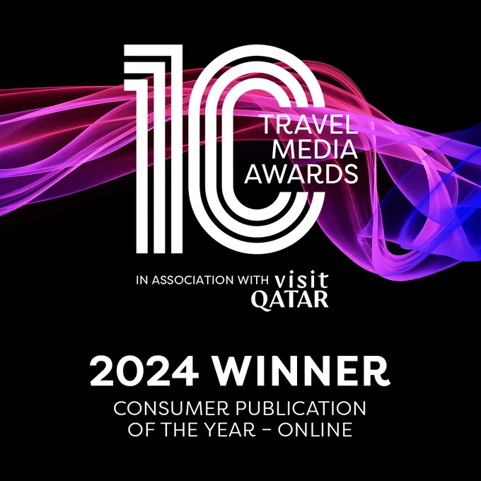 A graphic which reads 10 - Travel Media Awards in association with Visit Qatar. 2024 winner - Consumer Publication of the Year - Online