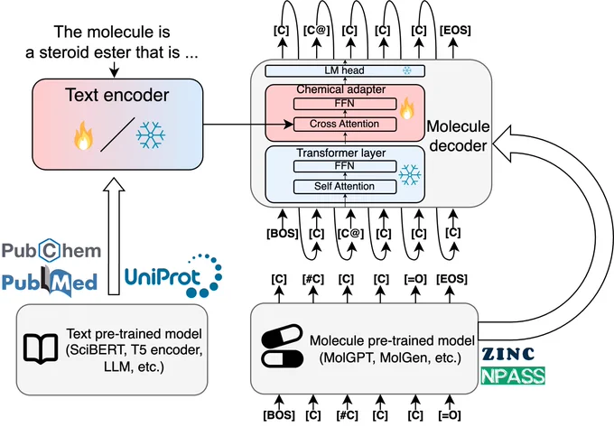 ChemLML workflow. "The ChemLML model architecture. We use a pretrained text model as the text encoder and a  pretrained molecule model as the molecule decoder. A single modular chemical adapter is added to the last layer of the molecule decoder. It takes the text and molecule embeddings as input and produces a refined molecule embedding under the guidance of the text embedding. The fire and snowflake icons indicate the parameters are trainable or frozen."