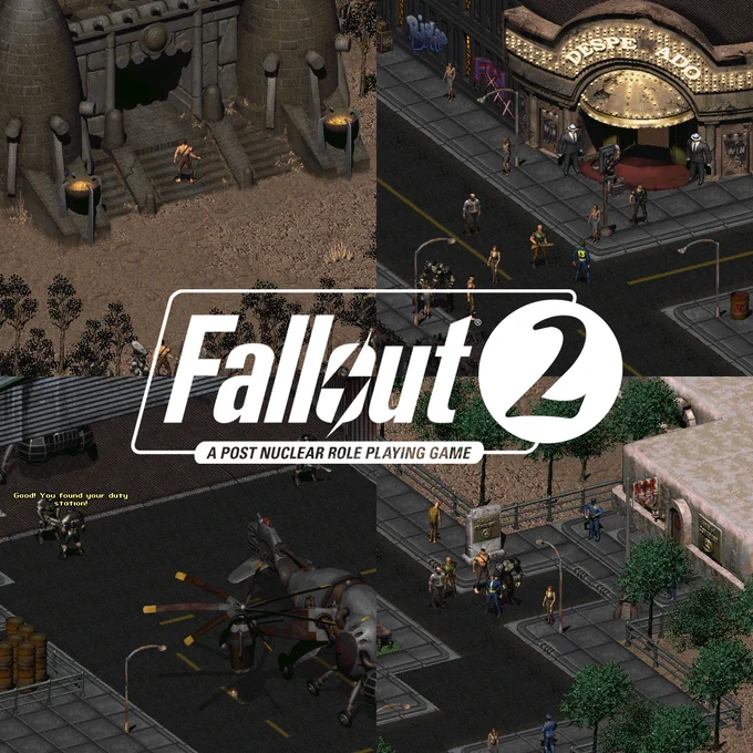 An image showing four screenshots from Fallout 2.

The first shows the Chosen One wearing tribal clothing and holding a spear, stood outside a stone temple entrance. Around him is a forest of dead trees, with another tribal standing guard near them.

The second shows the "Desperado" casino in New Reno. It is lit up in lightbulbs. Two members of the Mordinos stand outside wearing tuxedos and white fedoras. Other pedestrians can be seen on its littered streets. The Chosen One wearing a Vault Jumpsuit, alongside various companions, stand in front of it.

The third image shows the Enclave base at Navarro. There is a vertibird on the landing pad outside a hanger. Three guards wearing Enclave Power Armor can be seen outside. One subtitle reads "Good! You found your duty station".

The fourth image shows the inside of the NCR Government District. A paved road surrounded by trees next to a flagpole of the NCR flag. Police stand on the corners, alongside the Chosen One and their companions.
