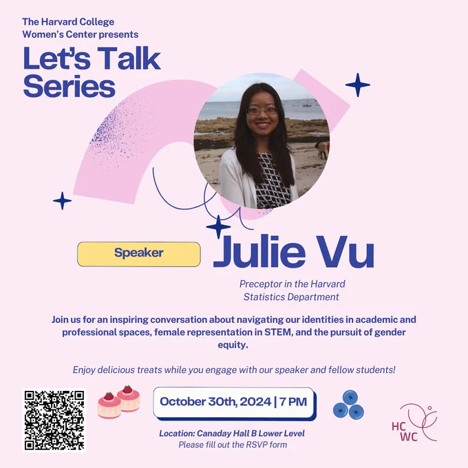 Poster for Preceptor Julie Vu's presentation for the Harvard College Women’s Center on Wednesday, 10/30 at 7 PM in Canaday Hall B (Lower Level). Treats will be included.  Scan the QR code.