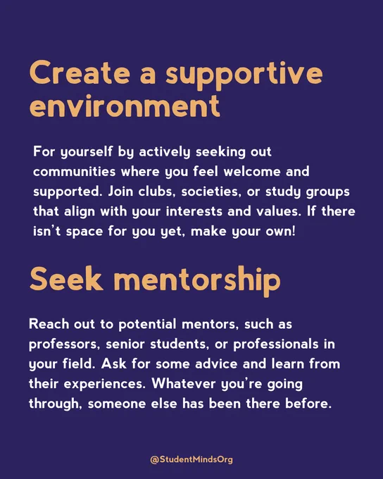 
Create a supportive environment
For yourself by actively seeking out communities where you feel welcome and supported. Join clubs, societies, or study groups that align with your interests and values. If there isn’t space for you yet, make your own!

Seek mentorship
Reach out to potential mentors, such as professors, senior students, or professionals in your field. Ask for some advice and learn from their experiences. Whatever you’re going through, someone else has been there before.