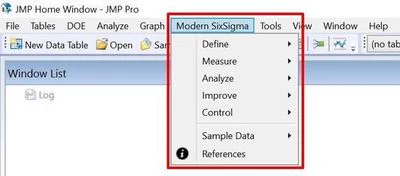 Menu of shortcuts integrating the relevant JMP tools expands to simplify steps in DMAIC process.