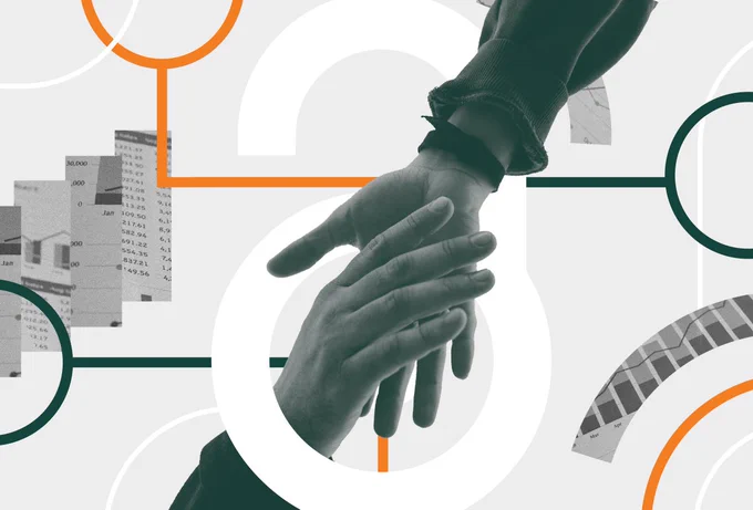 Promotional image for International Open Access Week 2024 with the theme "Community over Commercialization." The illustration features two arms shaking hands, symbolizing collaboration and commitment, set against a backdrop of geometric shapes and spreadsheet snippets. Intersecting orange and green lines add movement and depth. A lock icon, symbolizing Open Access, encircles the handshake at the center of the design.