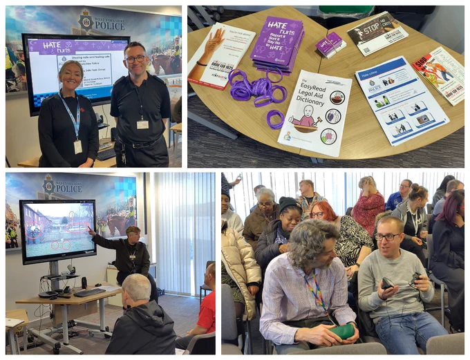 A montage of photos from the event. These include a photo of a police officer showing a picture of what burglars look for when targeting houses, easy read info about hate crimes and about legal jargon that people might hear when dealing with the police, and people looking at simple security aids for the home.